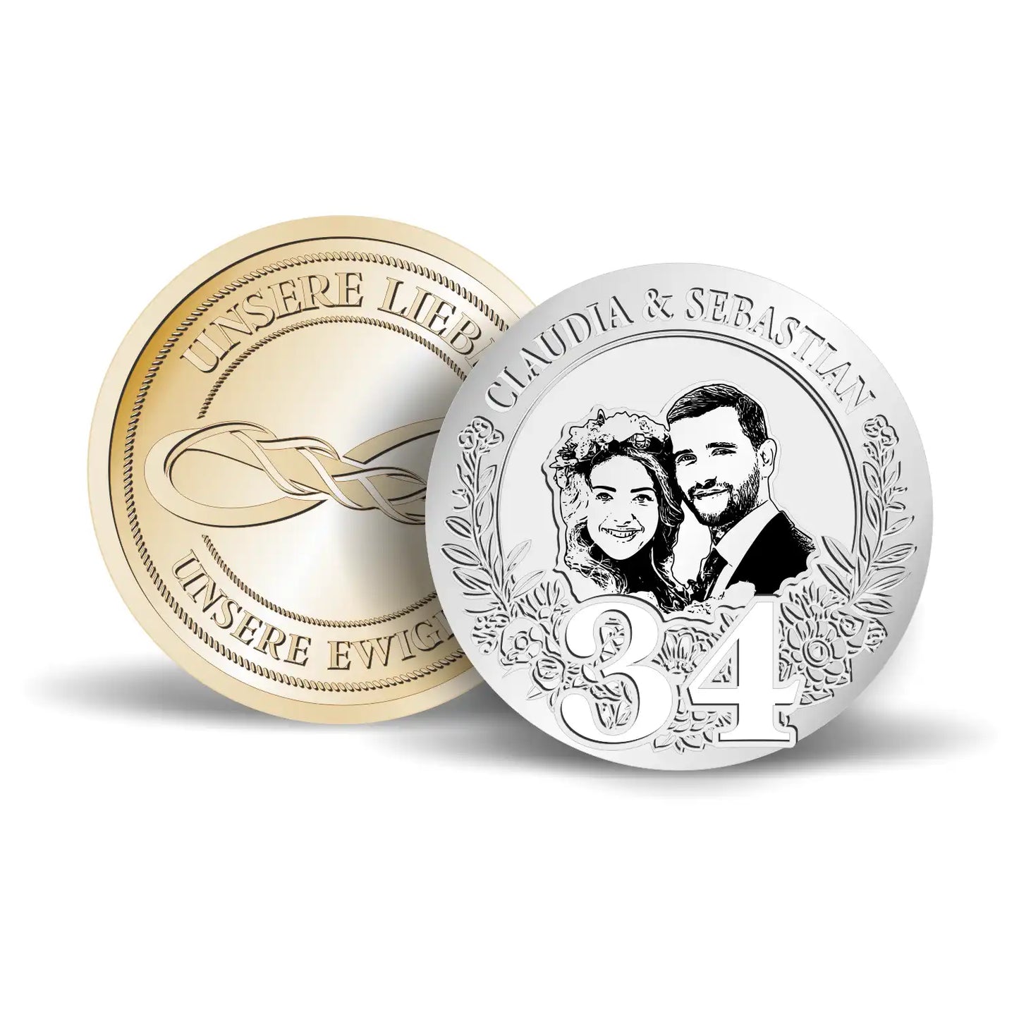 Gold- und Silbermünze für 34. Hochzeitstag – Zwei personalisierte Münzen, eine in Gold und eine in Silber, ideal als Andenken zum 34. Jahrestag.