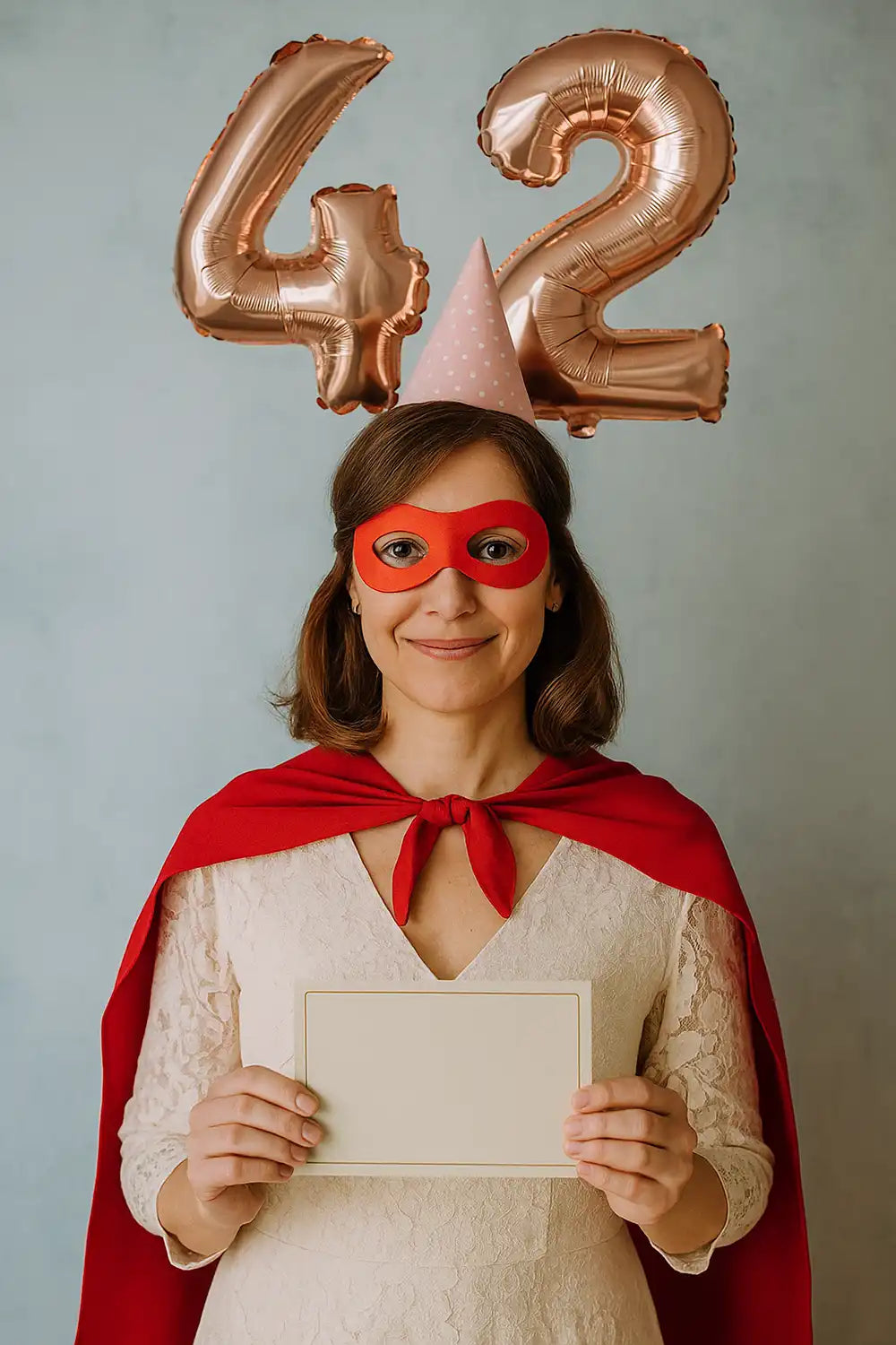 42. Geburtstag Frau – Sprüche mit Stil und Herz – witziges Geburtstagsfoto mit Frau im Superheldenkostüm und 42er-Luftballons