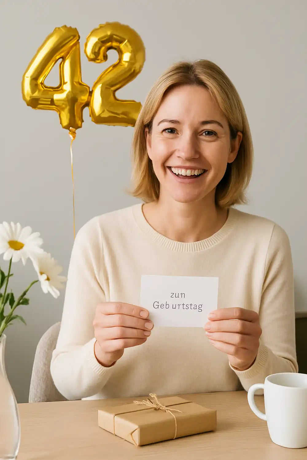 Sprüche Geburtstag 42 kurz & freundlich – freundliches Geburtstagsbild einer Frau mit Karte und Geschenk am Schreibtisch