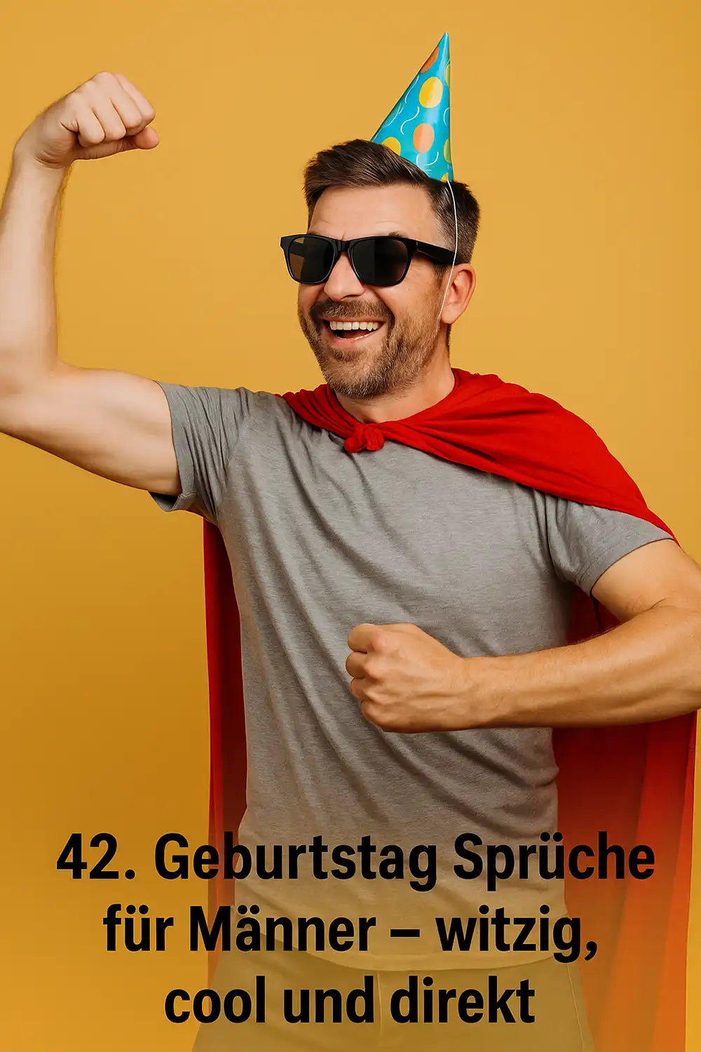 42. Geburtstag Sprüche für Männer – witzig, cool und direkt – lustiges Geburtstagsbild mit Mann im Superhelden-Look und Partyhut
