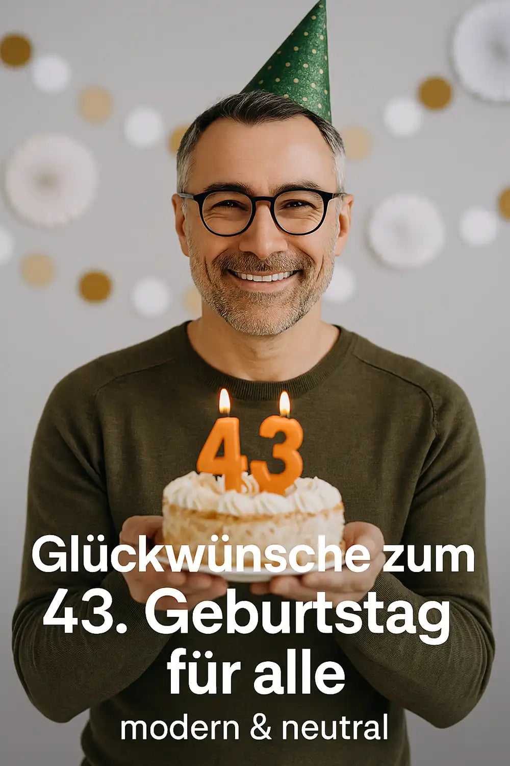 Glückwünsche zum 43. Geburtstag für alle – moderner Mann mit Torte und Partyhut, lächelnd vor neutraler Deko