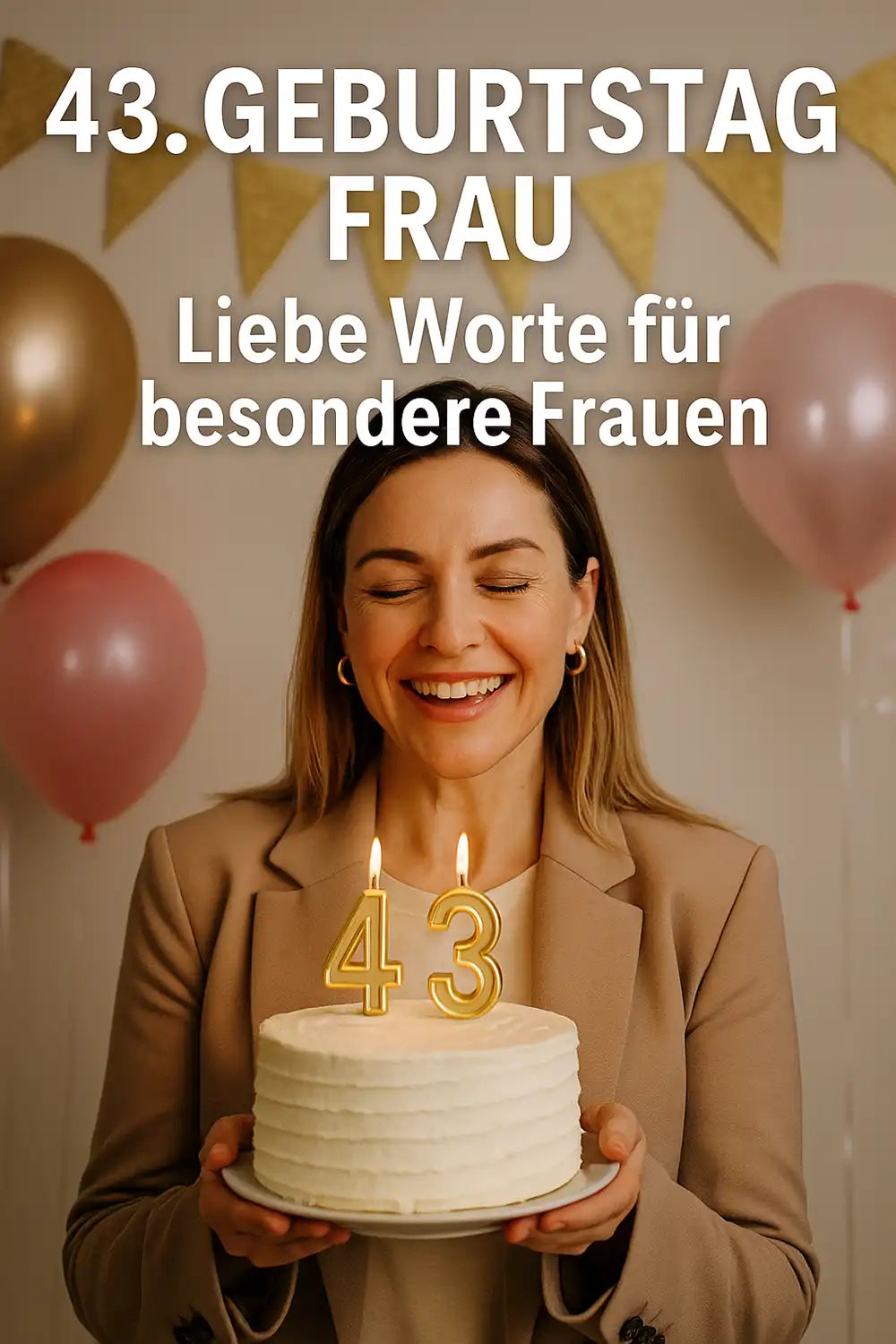 43. Geburtstag Frau – Liebe Worte für besondere Frauen: Frau mit Geburtstagstorte, Kerzenzahl 43 und festlicher Deko im Hintergrund