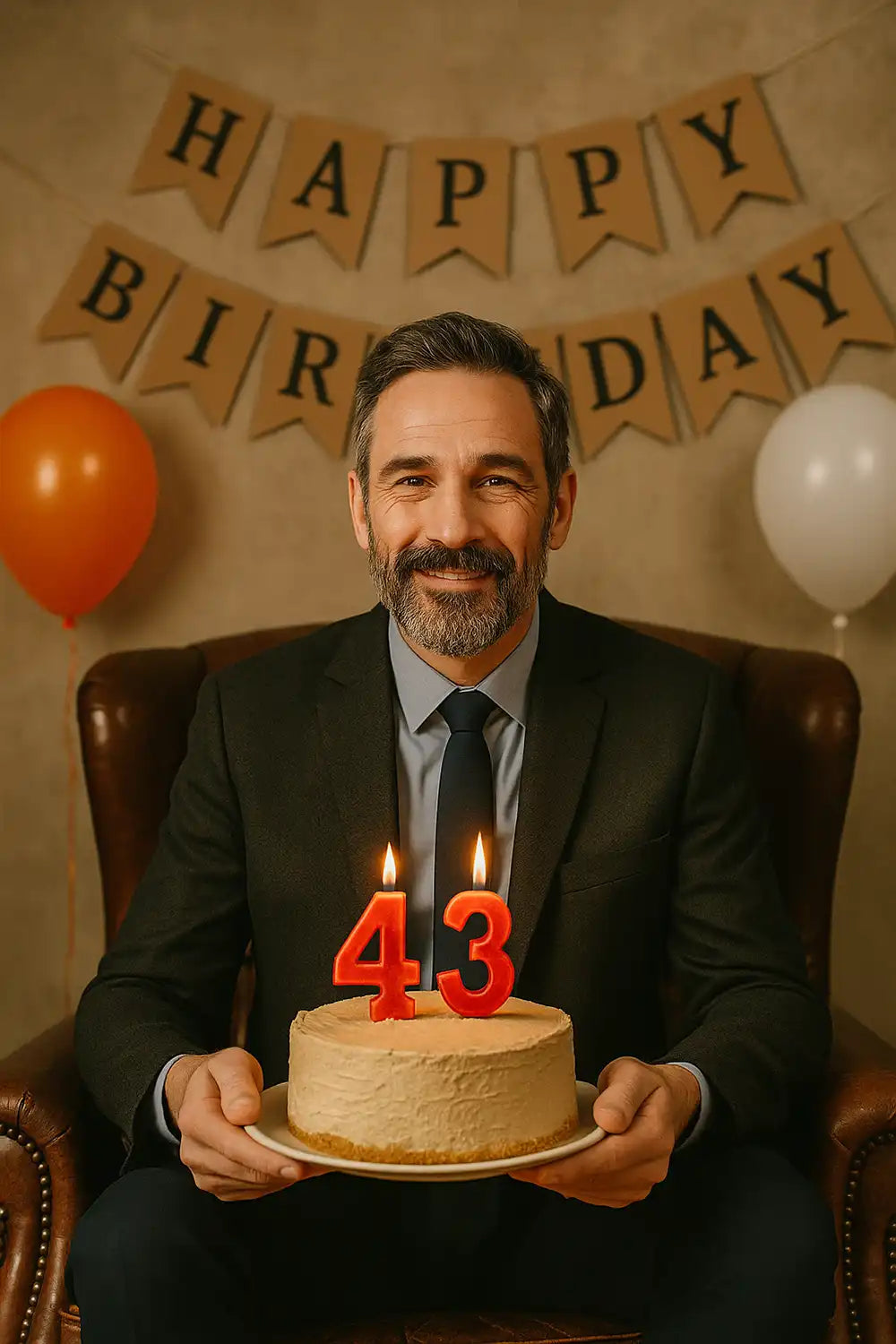 43. Geburtstag Mann – Glückwünsche, die wirklich ankommen: Mann mit Anzug, Torte mit Zahl 43 und festlicher Deko im Hintergrund
