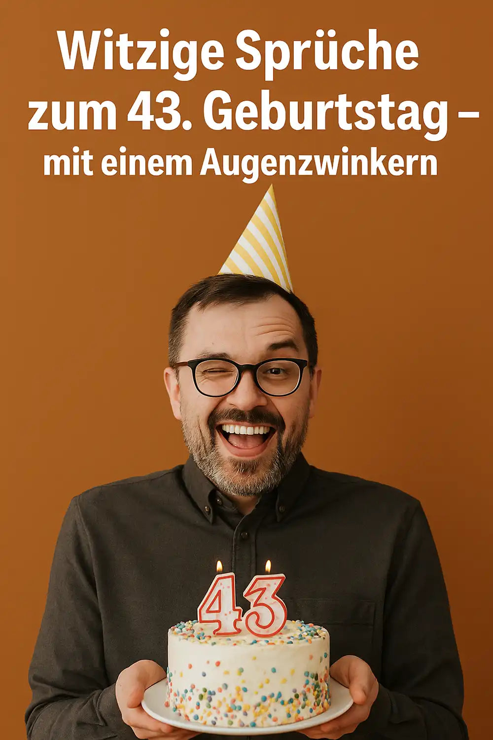 Witzige Sprüche zum 43. Geburtstag – Mann mit Partyhut und Torte, zwinkernd und lachend vor orangem Hintergrund