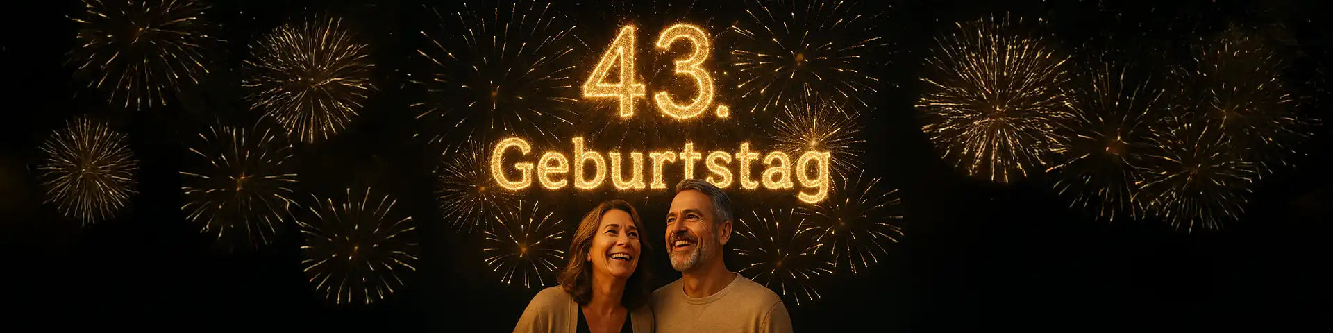 43. Geburtstag – Frau und Mann feiern vor Feuerwerk mit Schriftzug „43. Geburtstag“