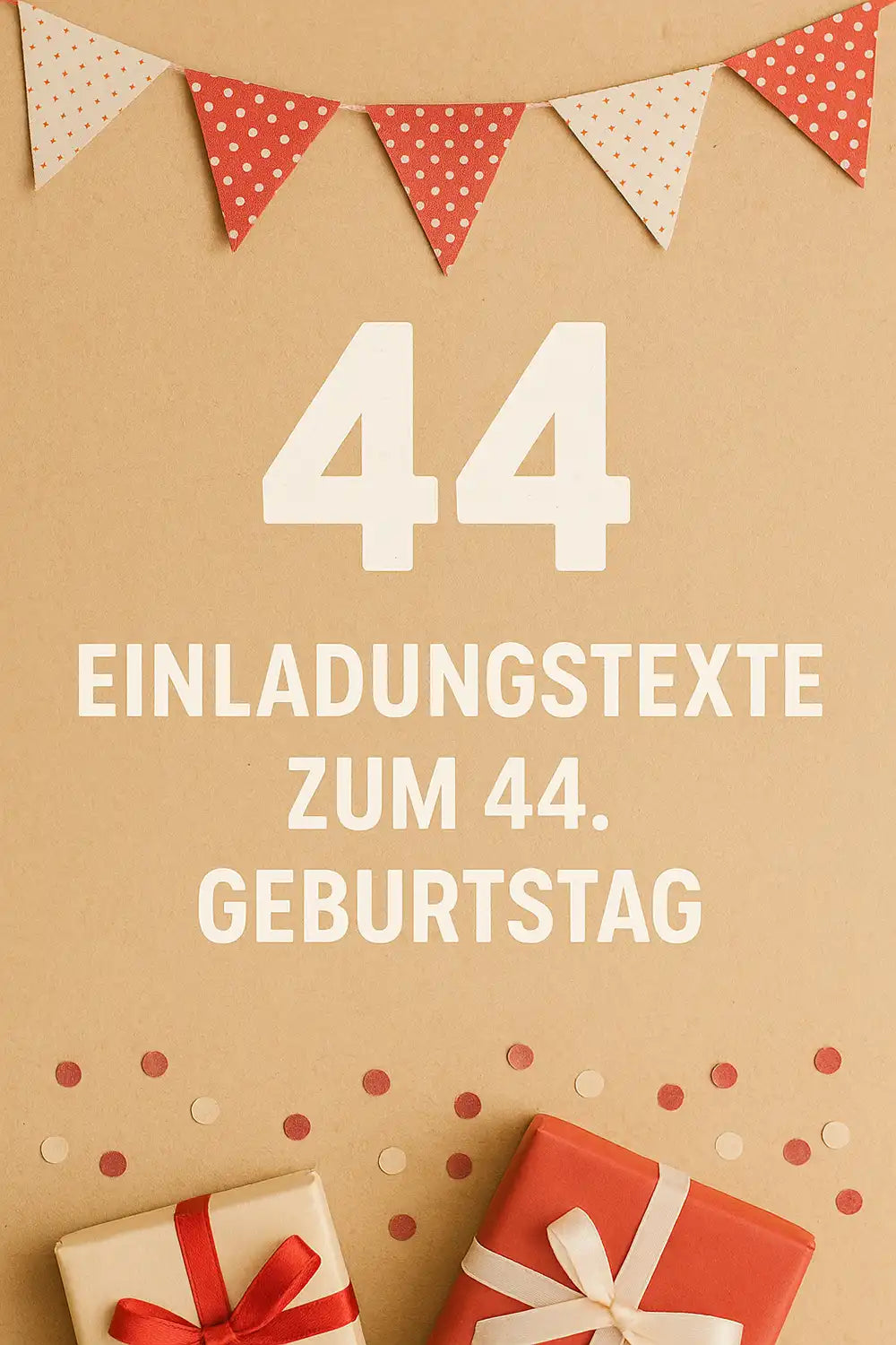 Einladungstexte zum 44. Geburtstag mit Geschenkboxen, Girlande und Konfetti im Hochformat