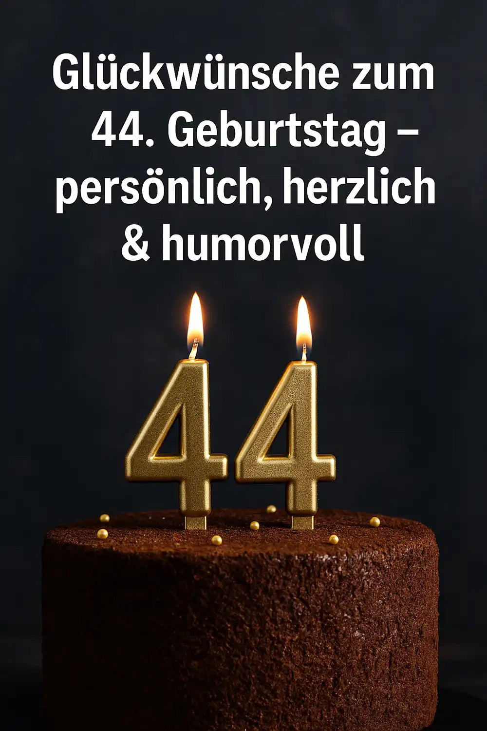 Glückwünsche zum 44. Geburtstag – persönlich, herzlich & humorvoll mit goldenen Kerzen auf Schokoladentorte im Hochformat