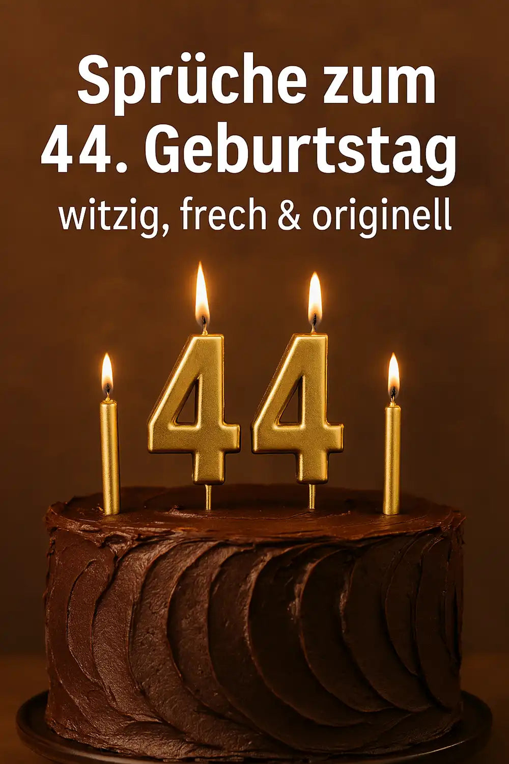 Sprüche zum 44. Geburtstag – witzig, frech & originell mit goldenen Kerzen auf Schokoladentorte im Hochformat