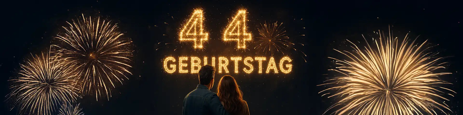 44. Geburtstag mit Paar und Feuerwerk-Schriftzug im Nachthimmel im Panoramaformat