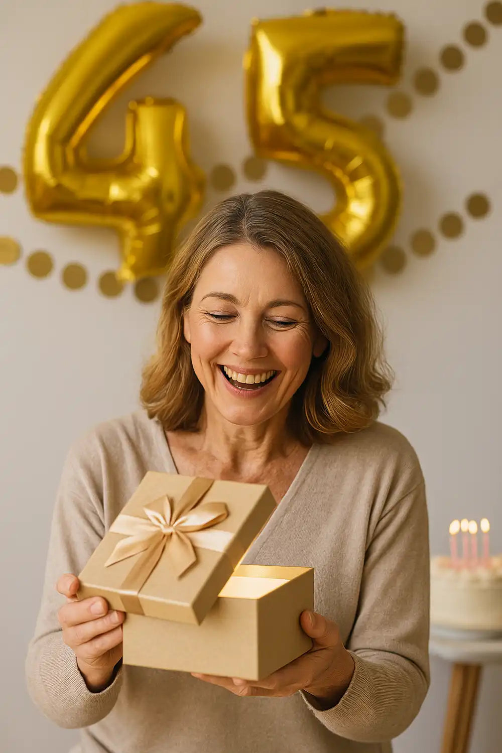 Frau um die 45 öffnet lächelnd ein Geschenk, im Hintergrund goldene 45-Ballons und Geburtstagstorte