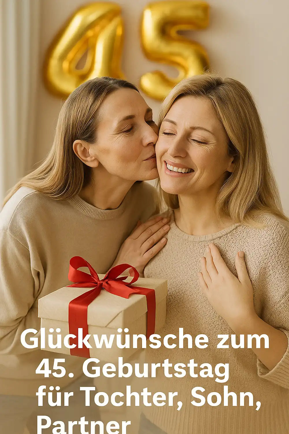 Mutter küsst Tochter zum 45. Geburtstag und überreicht Geschenk – Glückwünsche zum 45. Geburtstag für Tochter, Sohn, Partner