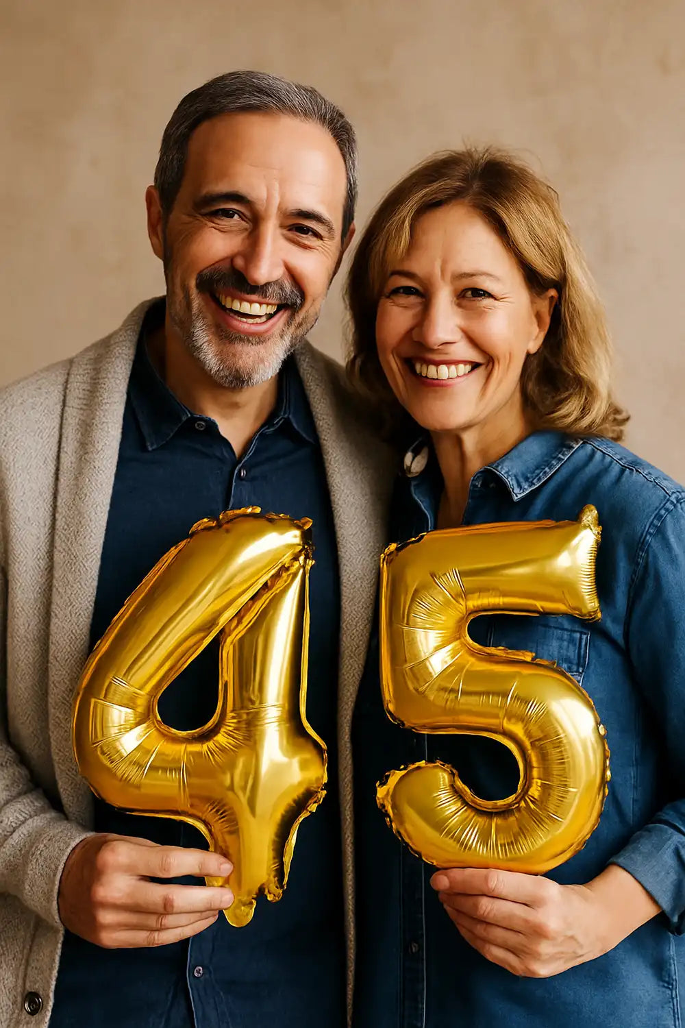 Foto von einem lachenden Paar mit goldenen Ballons in Form von 45 – Sprüche zum 45. Geburtstag für Männer und Frauen