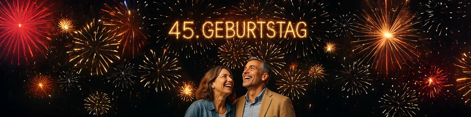 Paar blickt lächelnd in den Himmel, während Feuerwerkskörper den Schriftzug „45. Geburtstag“ bilden