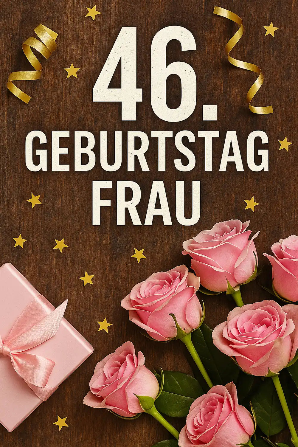 46. geburtstag frau bild mit rosen geschenk und goldenen sternen für geburtstagswünsche