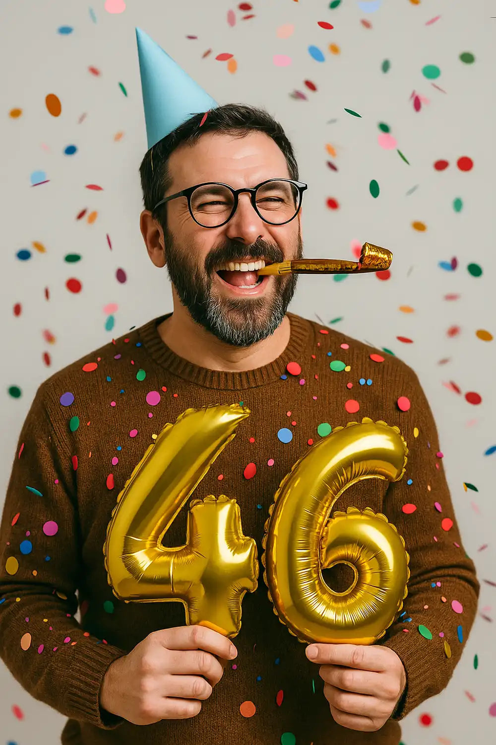 46. geburtstag mann lustig bild mit lachendem mann luftballons partyhut und konfetti