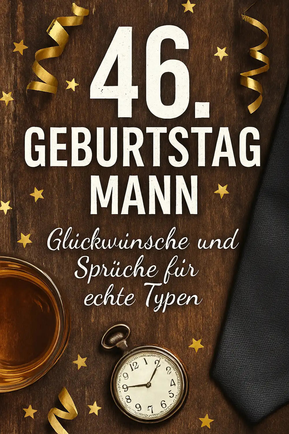 46. geburtstag mann glückwünsche und sprüche für echte typen verticales bild mit uhr, glas whisky und krawatte auf holzhintergrund