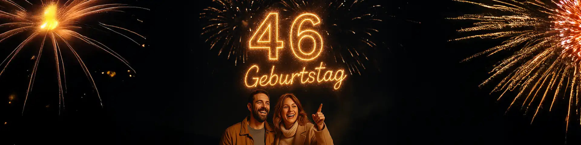 46. geburtstag bild mit paar und feuerwerk mit schriftzug 46. geburtstag am nachthimmel