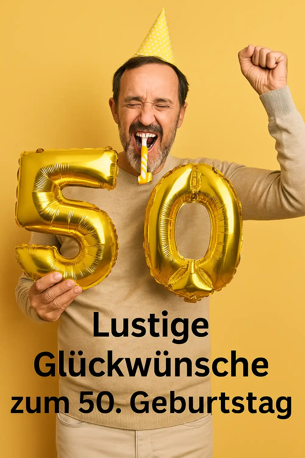 Lustige Glückwünsche zum 50. Geburtstag – witziges Bild eines Mannes mit Partyhut, Luftschlange und goldenen Ballons „50“ für humorvolle Geburtstagswünsche.