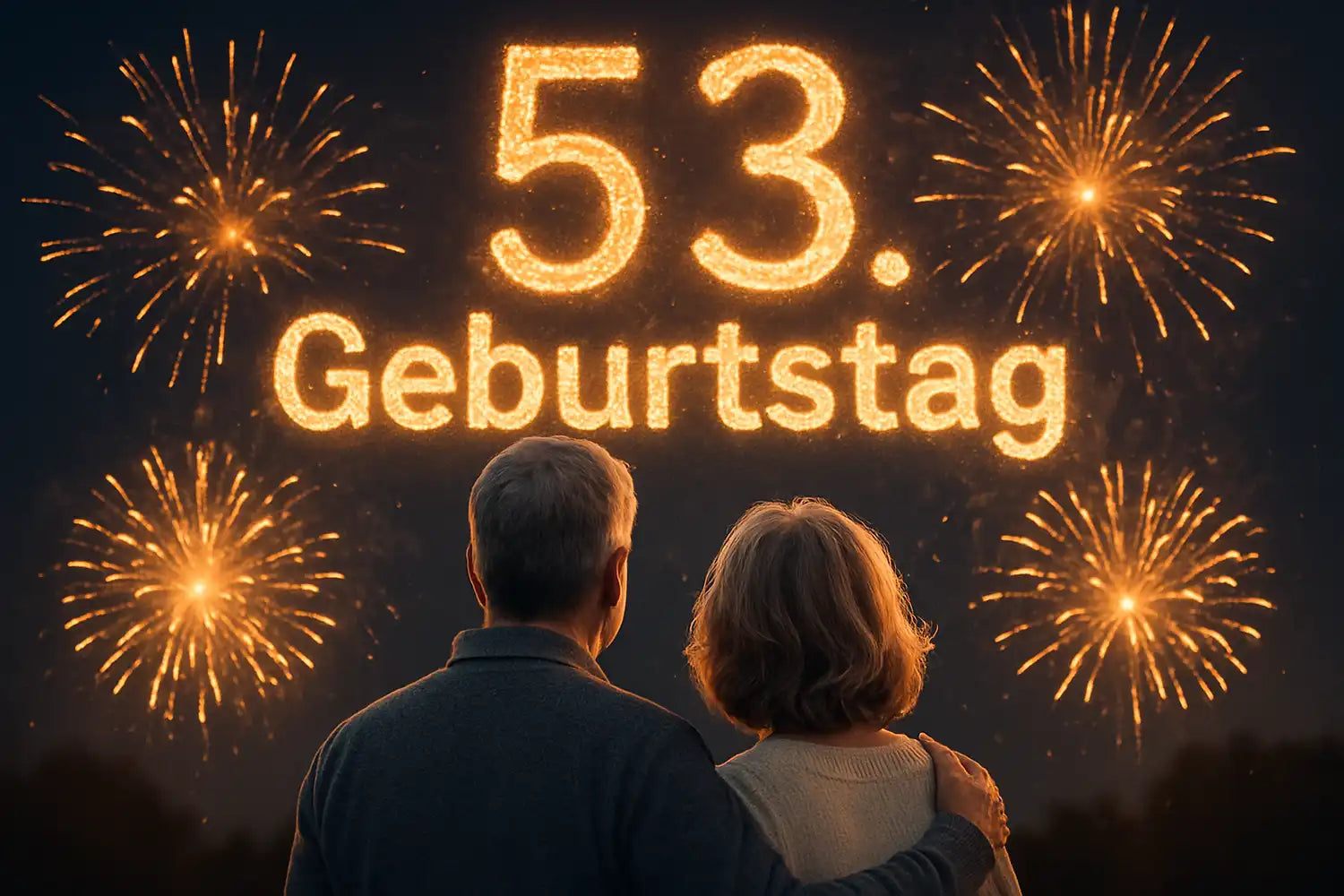 53. Geburtstag – Frau und Mann feiern unter leuchtendem Feuerwerk mit Schriftzug 53. Geburtstag