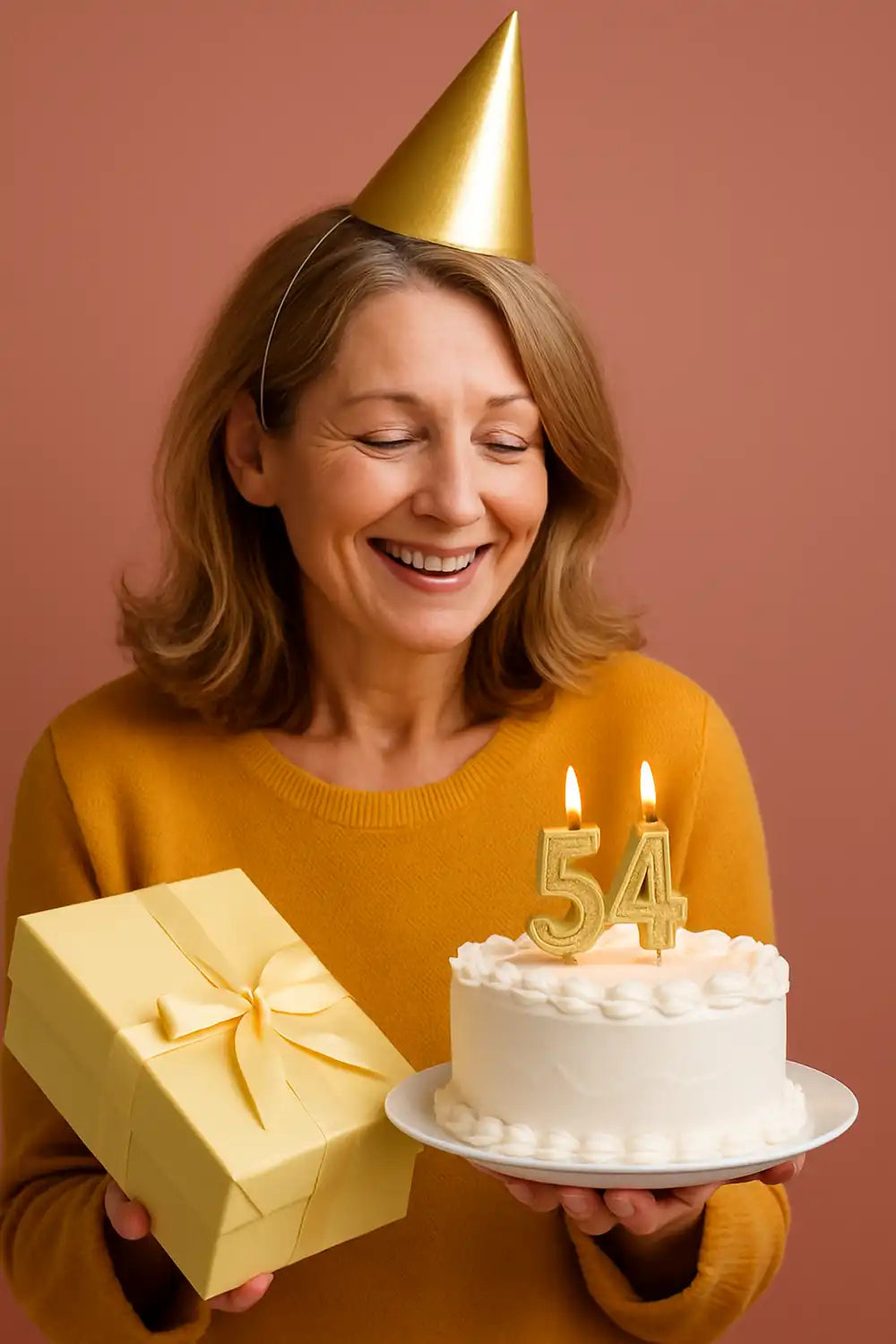 54. Geburtstag Frau Glückwünsche Geschenkideen – strahlende Frau feiert 54. Geburtstag mit Torte und Geschenk, kreative Ideen für den besonderen Tag