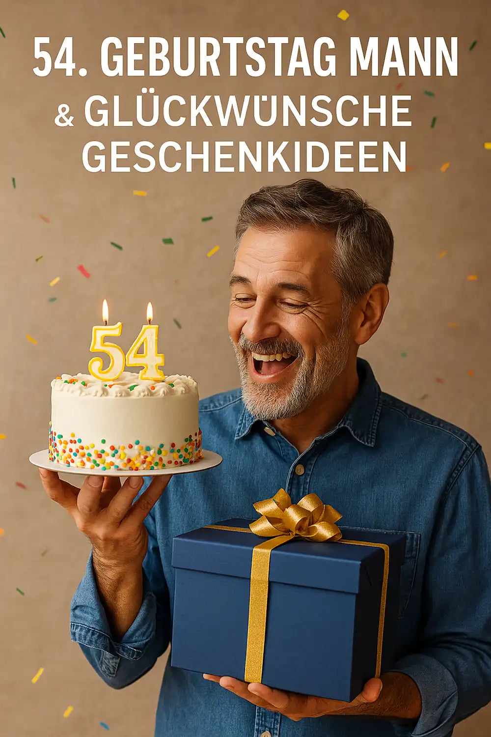 54. Geburtstag Mann Glückwünsche Geschenkideen – glücklicher Mann feiert Geburtstag mit Torte und Geschenk, inspirierende Ideen für 54. Geburtstag