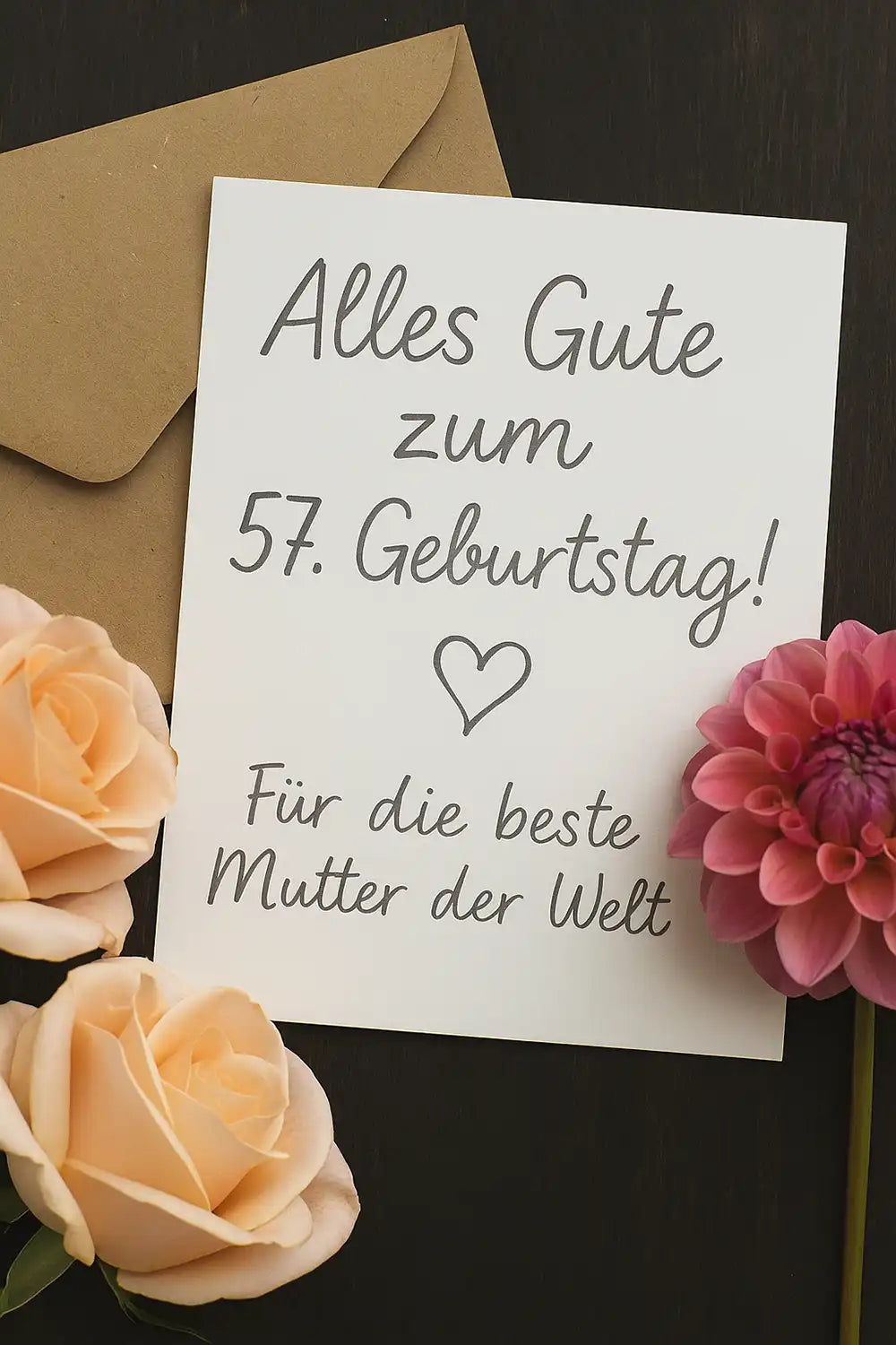 Texte 57. Geburtstag – Für Familie und enge Freunde: Geburtstagskarte mit handgeschriebenem Gruß, goldene 57-Zahlenkerzen, familiäre Atmosphäre