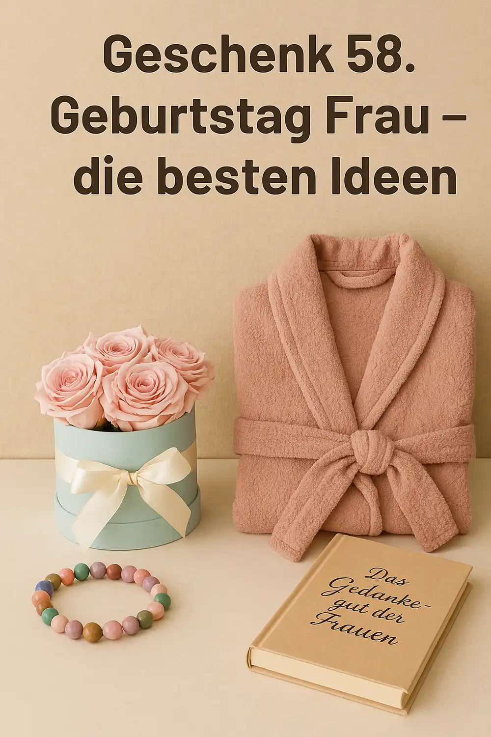 Geschenk 58. Geburtstag Frau – kreative Geschenkideen wie Blumen, Armband, Bademantel und Buch, liebevoll arrangiert für einen besonderen Anlass.