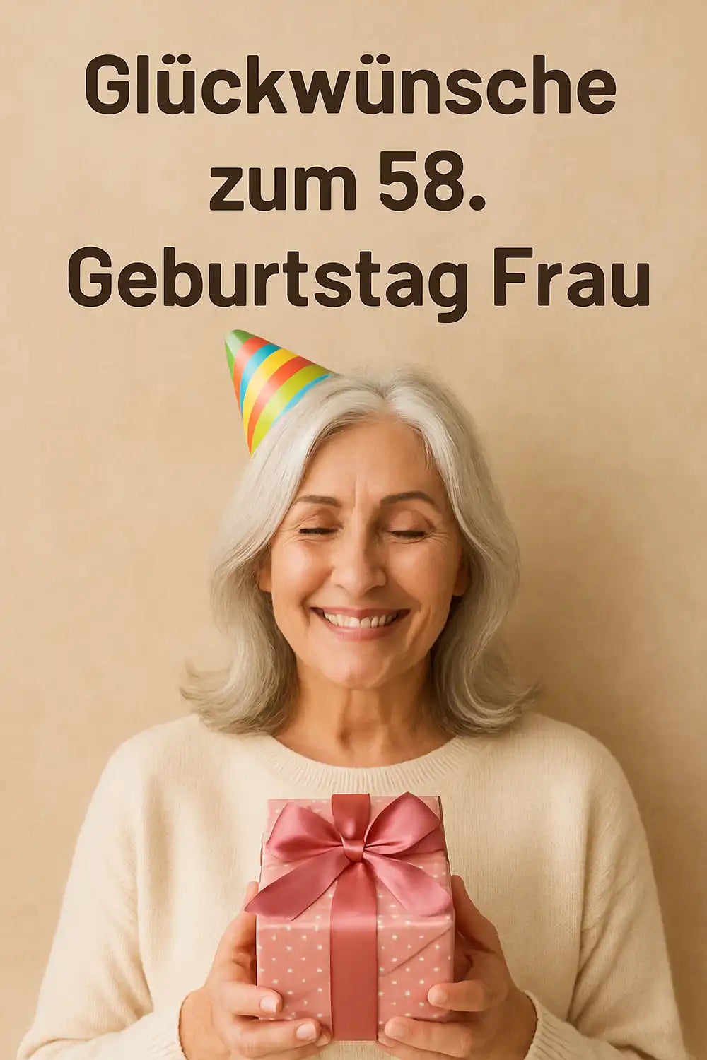 Glückwünsche zum 58. Geburtstag Frau – lächelnde reife Frau mit grauen Haaren, Partyhut und Geschenk, feierliche Geburtstagsstimmung.