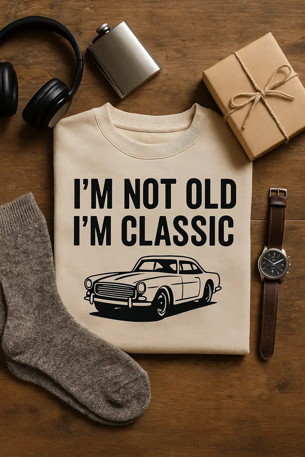 Geschenke zum 58. Geburtstag Mann – originelle Geschenkideen wie Sweatshirt, Kopfhörer, Armbanduhr und Flachmann stilvoll arrangiert.