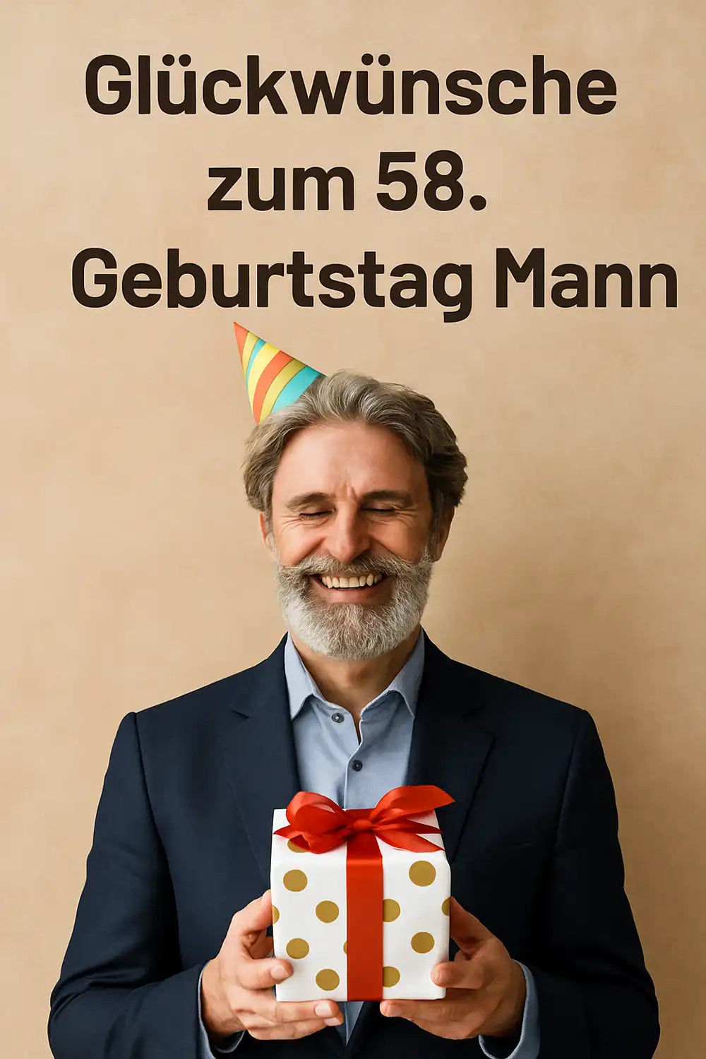 Glückwünsche zum 58. Geburtstag Mann – älterer Mann im Anzug mit Geschenk und Partyhut, lächelnd bei einer Geburtstagsfeier.