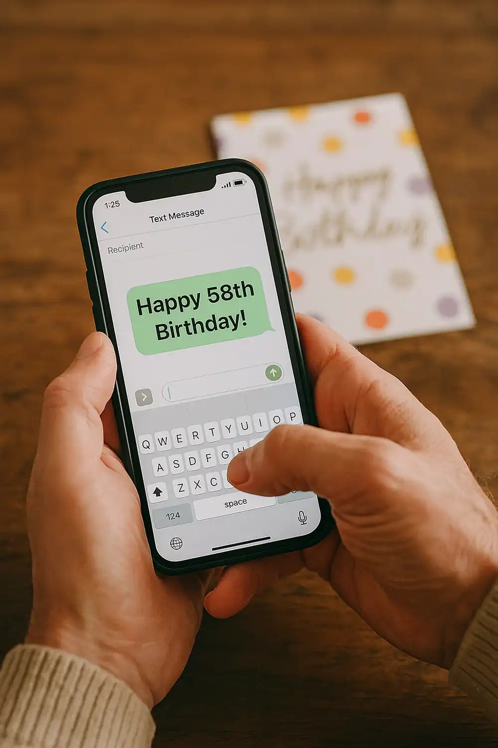 SMS zum 58. Geburtstag – Hände senden eine kurze Geburtstagsnachricht auf einem Smartphone, mit Grußkarte im Hintergrund.