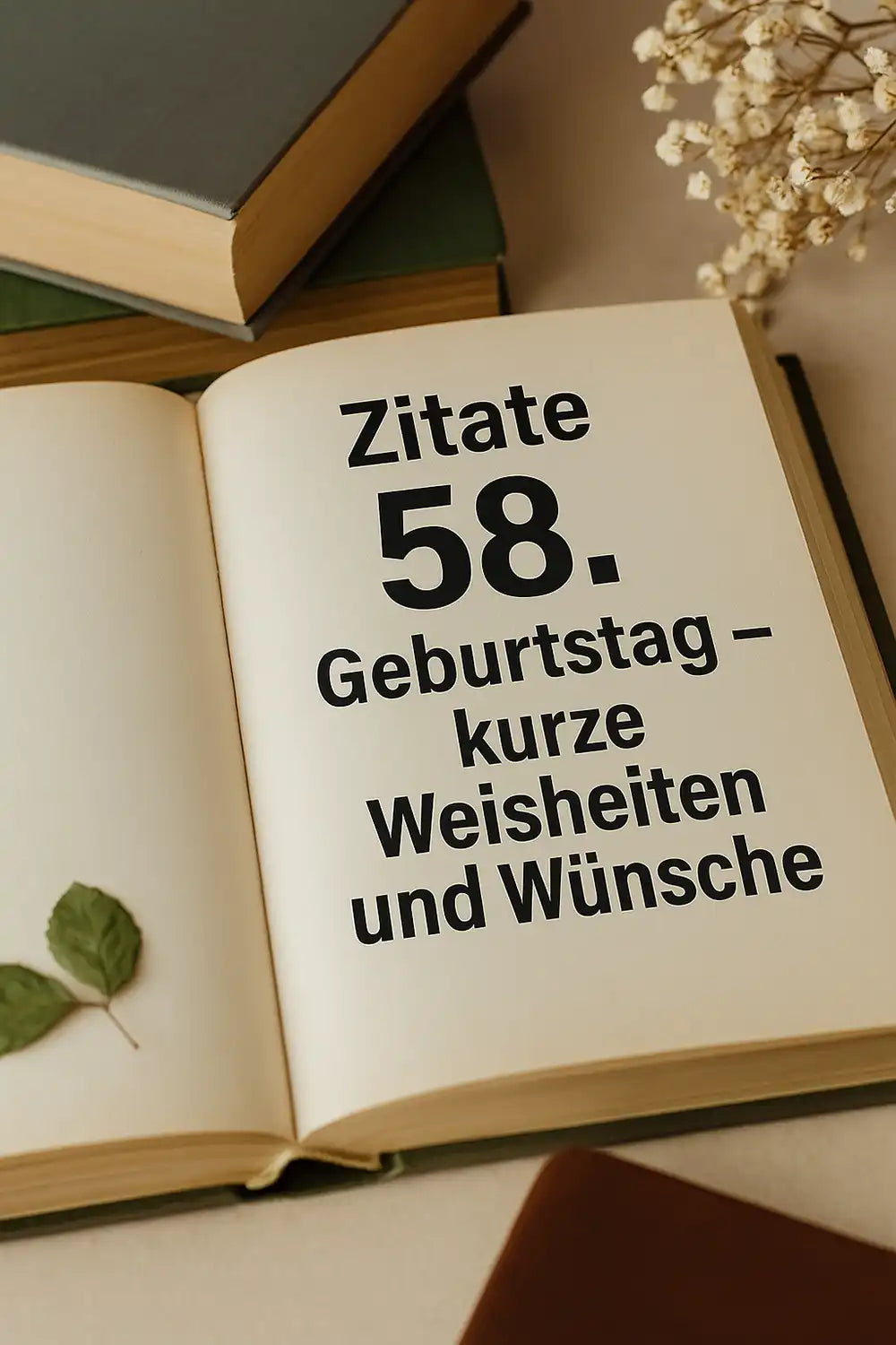 Zitate 58. Geburtstag – offene Buchseite mit inspirierendem Zitat, umgeben von alten Büchern und Trockenblumen, natürliche Lichtstimmung.
