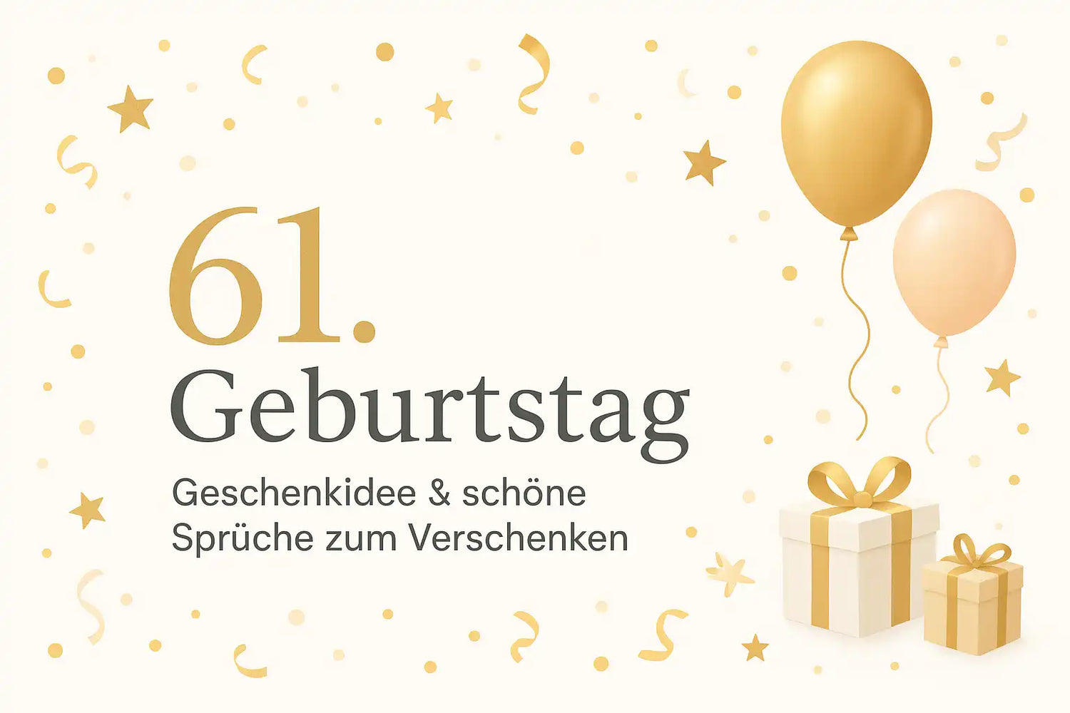 Bannerbild zum 61. Geburtstag mit goldenen Ballons, Geschenkboxen und dem Text: 61. Geburtstag – Geschenkidee & schöne Sprüche zum Verschenken