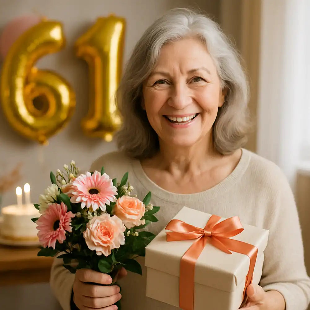 Frau beim Feiern des 61. Geburtstags mit Blumen und Geschenk – glücklicher Moment zum besonderen Tag.