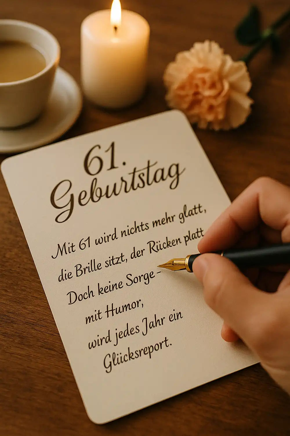 Hand schreibt ein Geburtstagsgedicht zum 61. Geburtstag auf eine stilvolle Karte – perfekte Illustration für gefühlvolle Gedichte zum 61. Geburtstag.