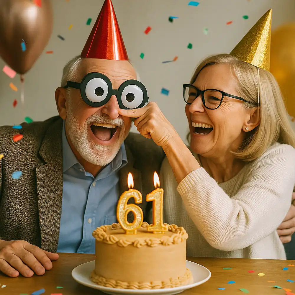 Älteres Paar lacht bei einer lustigen 61. Geburtstagsfeier mit Kuchen – perfektes Bild für witzige Sprüche zum 61. Geburtstag für Männer und Frauen.