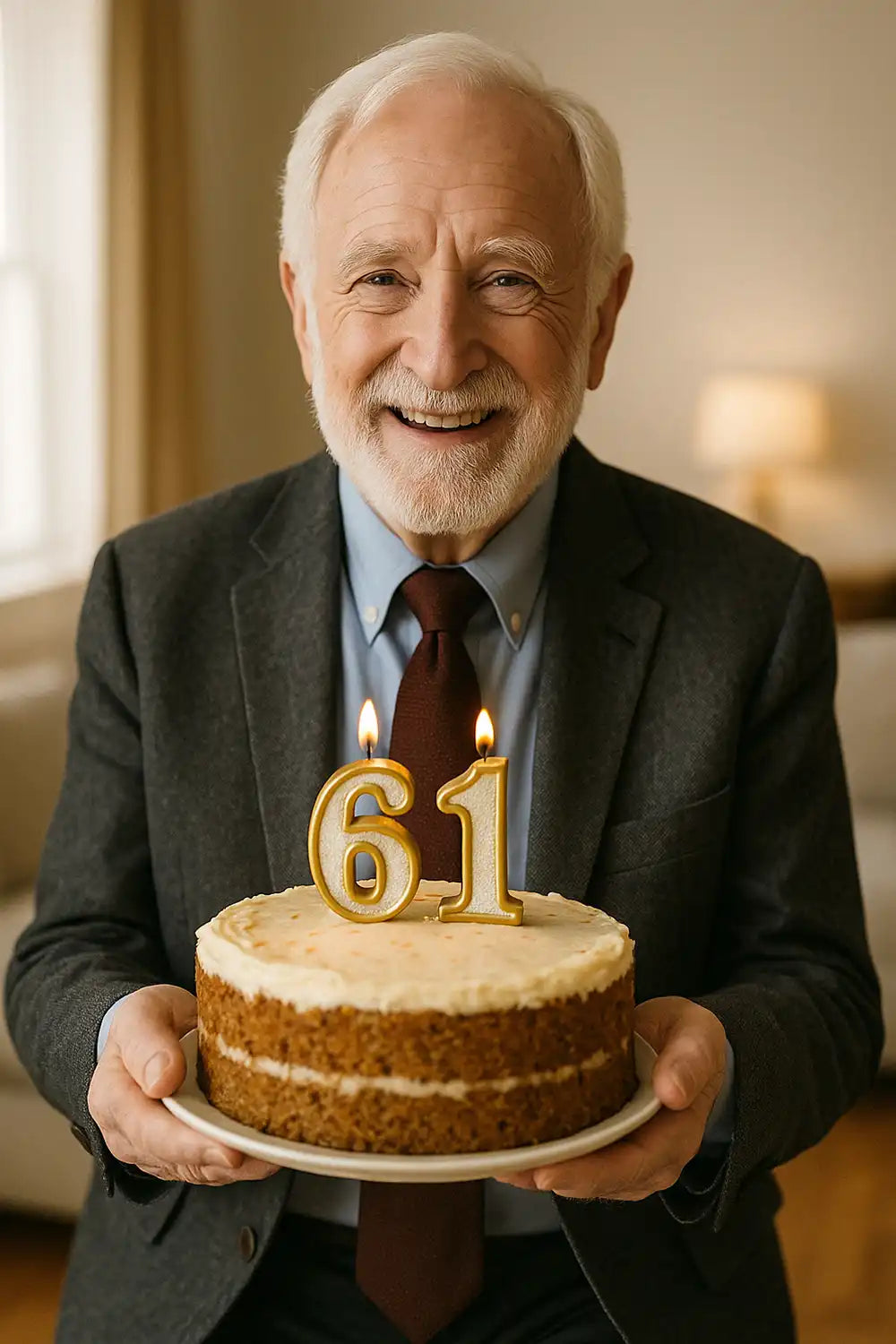Älterer Mann feiert den 61. Geburtstag mit Torte und Zahl 61 – passendes Bild für herzliche Glückwünsche zum 61. Geburtstag für Männer.