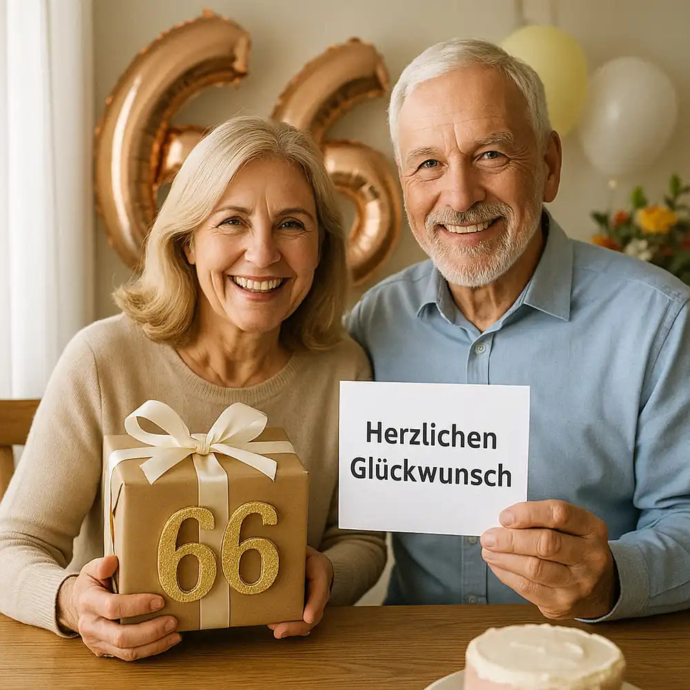Älteres Paar feiert gemeinsam den 66. Geburtstag zu Hause. Die Frau hält ein Geschenk mit goldener Zahl 66, der Mann zeigt eine Karte mit der Aufschrift „Herzlichen Glückwunsch“. Im Hintergrund sind Ballons und eine Geburtstagstorte auf dem Tisch zu sehen.