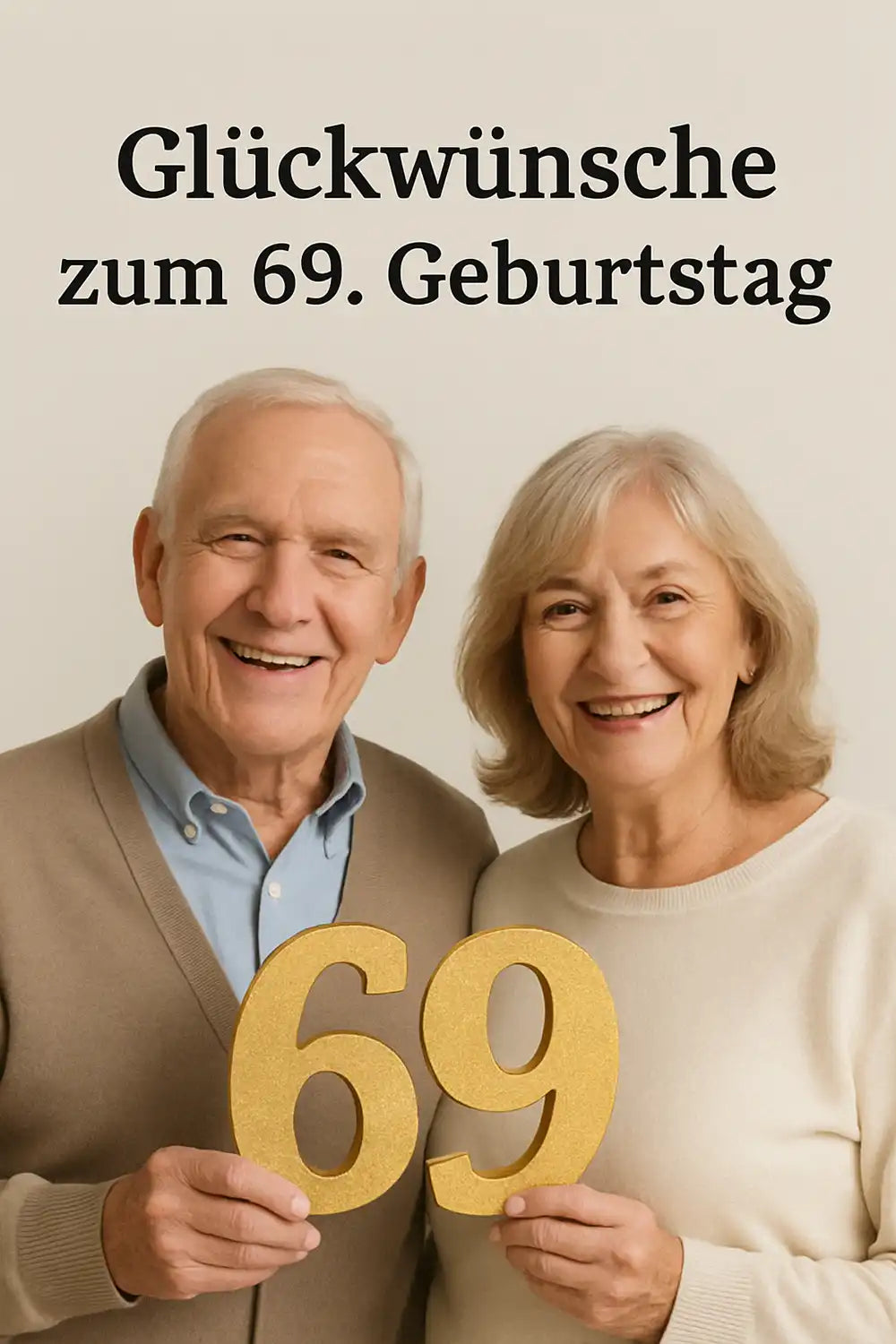 Älteres Paar lächelt anlässlich des 69. Geburtstags und hält goldene Zahl 69 in den Händen – perfekte Symbolik für Glückwünsche zum 69. Geburtstag