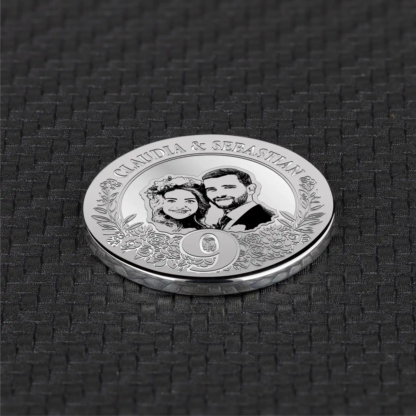 Silberne hochzeitstag geschenk mit einem personalisierten Porträt, ideal für den 9. Hochzeitstag, eine einzigartige Silbermünze als Geschenk für das Ehepaar