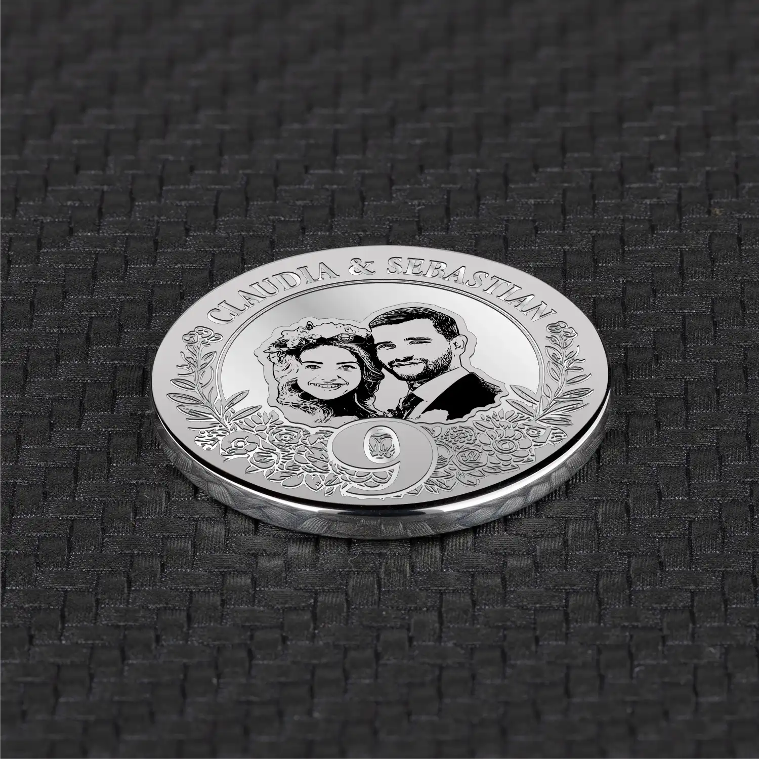 Silberne hochzeitstag geschenk mit einem personalisierten Porträt, ideal für den 9. Hochzeitstag, eine einzigartige Silbermünze als Geschenk für das Ehepaar