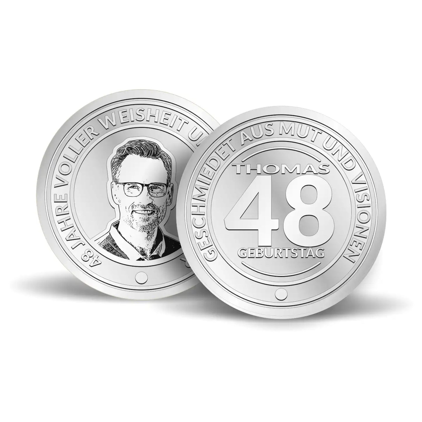Personalisierte Geburtstag Silbermünze 925 mit Gravur der Zahl 48 und einem Foto-Porträt – einzigartiges Geburtstagsgeschenk