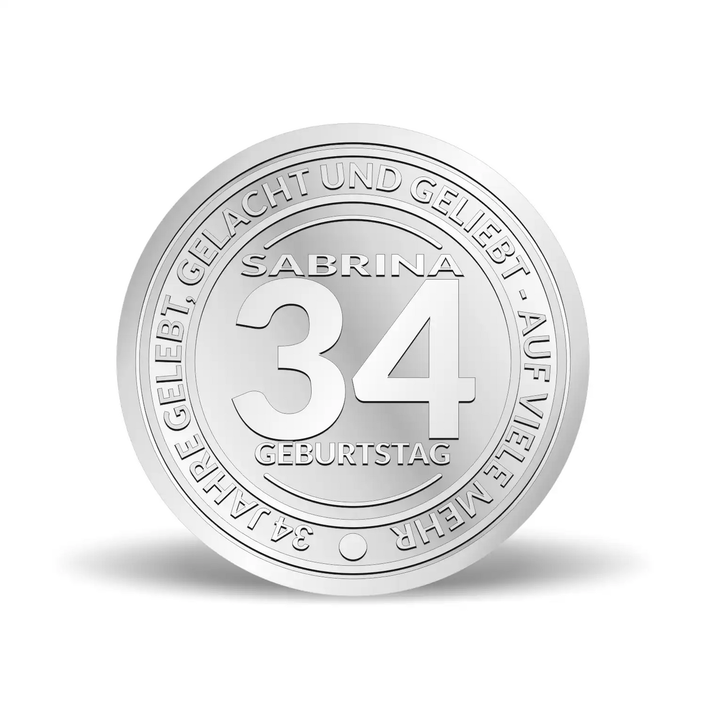Personalisierte Geburtstag Silbermünze 925 für Sabrina mit Gravur der Zahl 34 – perfektes Geschenk zum Geburtstag