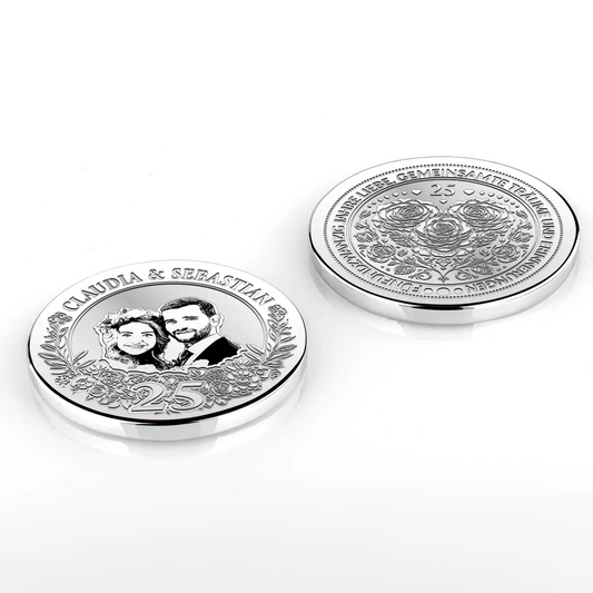 Silbermünze zum 25. hochzeitstag geschenk, eine besondere Jubiläumsmünze mit Hochzeitsfoto, ideal für den 25. Hochzeitstag als persönliches Geschenk