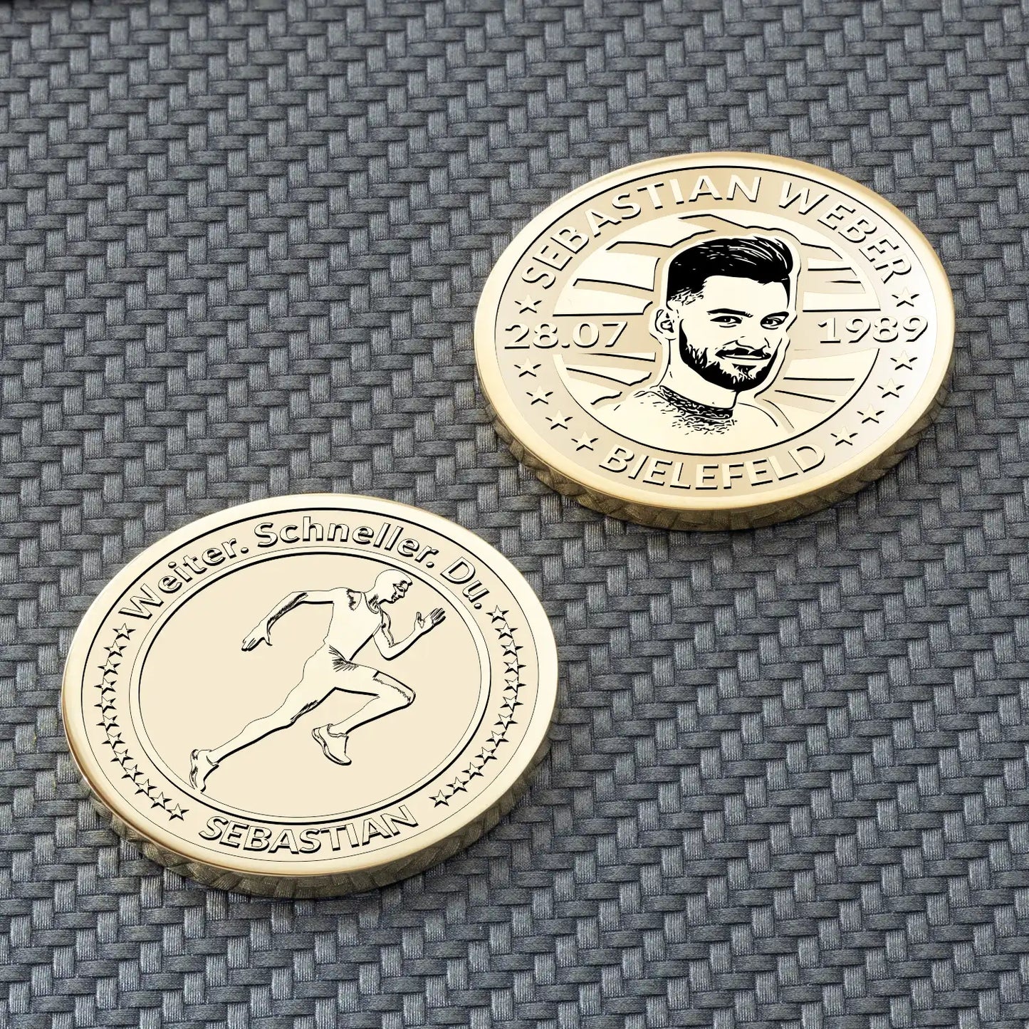 Gravierte personalisierte Sprinter-Münze mit Porträt und Sternrand