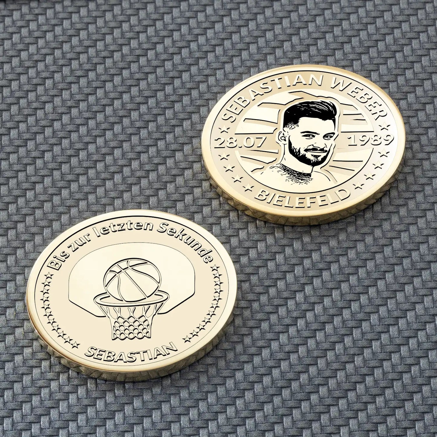 Personalisierte Basketball-Münze mit Gravur „SEBASTIAN“ und Porträt