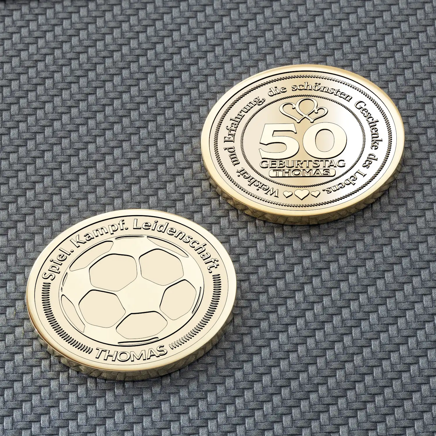 Goldene Fußball-Münze mit persönlichem Text und Geburtstagsgravur