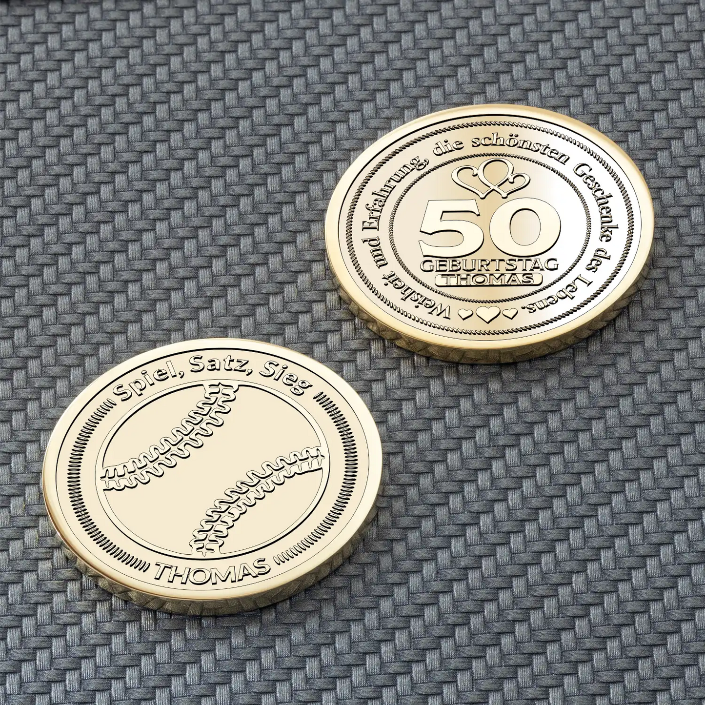 Goldene Baseball-Münze mit Gravur „Spiel, Satz, Sieg“ und Name