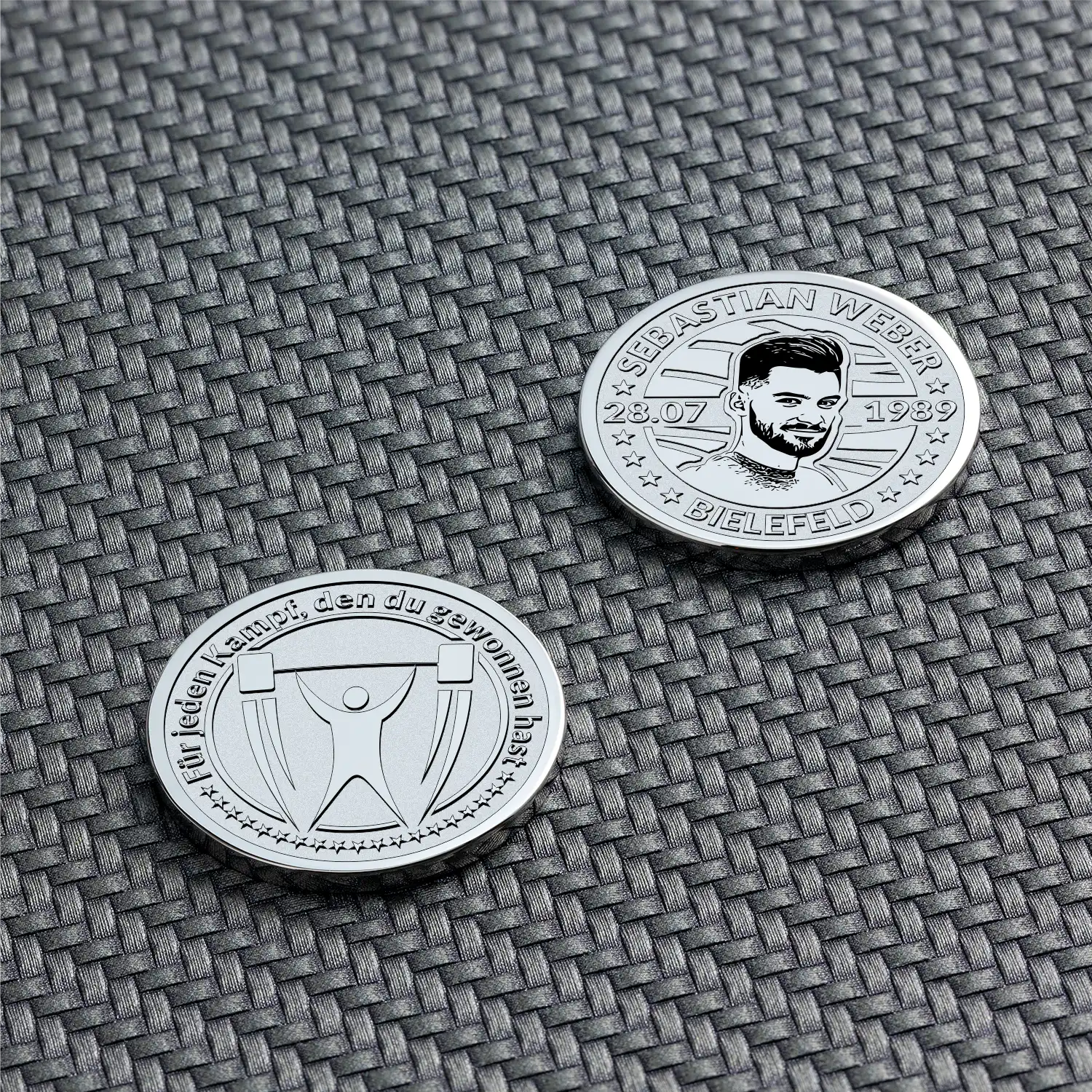Porte-clés Haltère Argenté Avec Gravure Personnalisée Sur Médaille - Cadeau Sport, Musculation