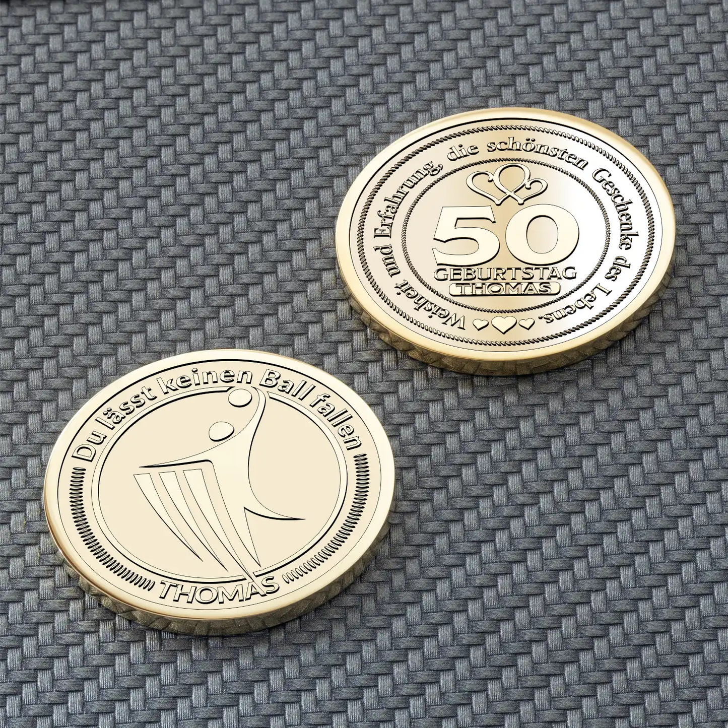Goldene personalisierte Münze mit Basketball-Symbol und Geburtstagsmotiv